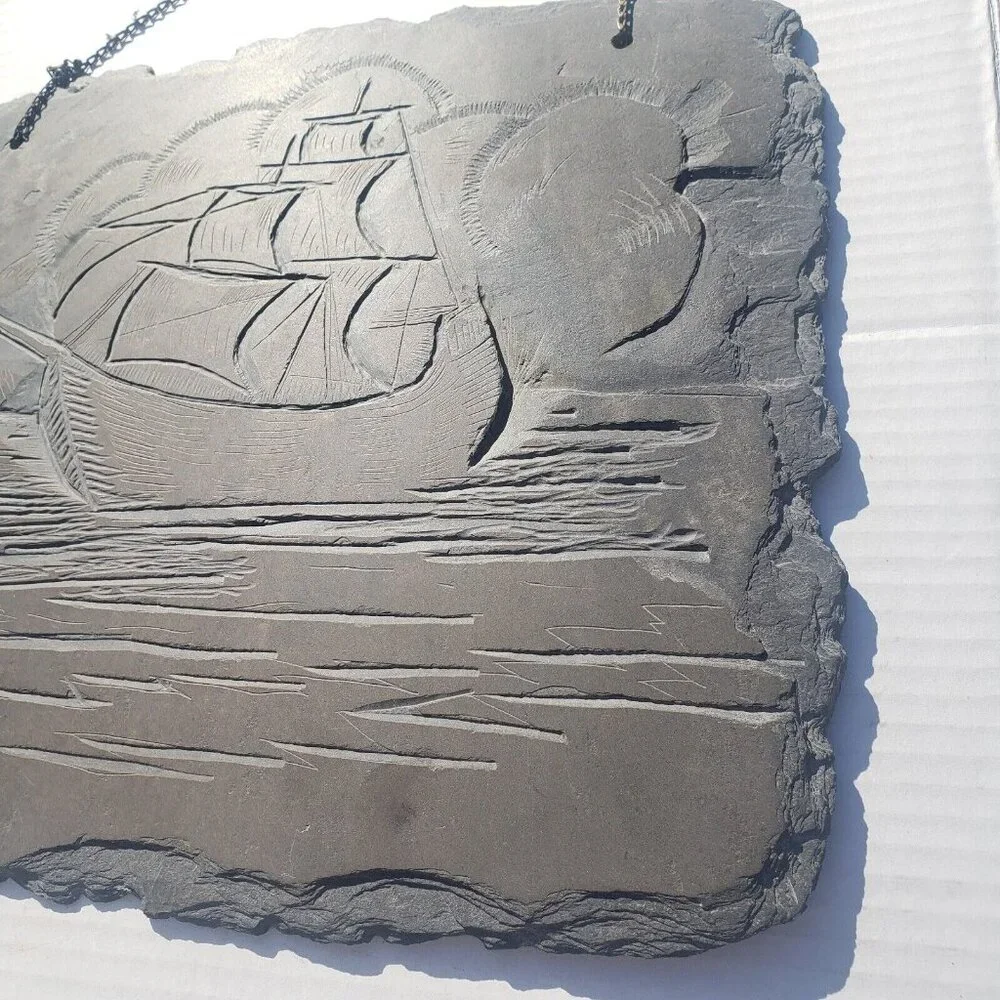 Vintage Slate Etching Ship Sail Boat Sailing‎ Vessel Barque Schooner Nautical